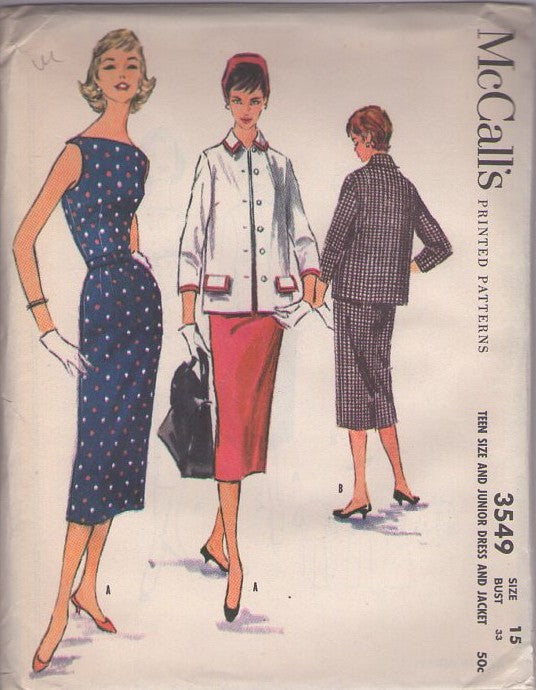McCall's 3549 Vintage 50's Sewing Pattern Dress & Jacket, Bateau Neck Sleeveless Pencil Skirted Dress, Matching Suit Jacket Size 15
