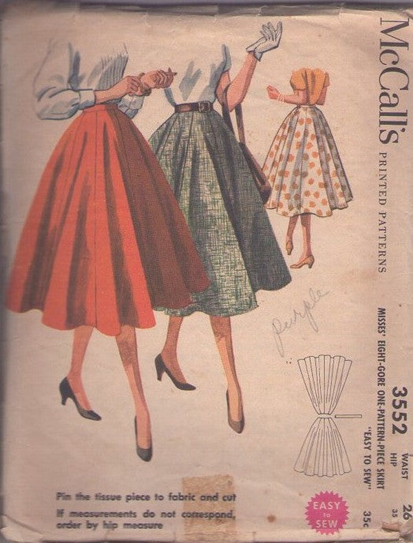 McCall's 3552 Vintage 50's Sewing Pattern Rockabilly Skirts, Marvelous Mrs. Maisel Rockabilly Flared Eight Gore Circular Skirt EASY Waist 26 Size M