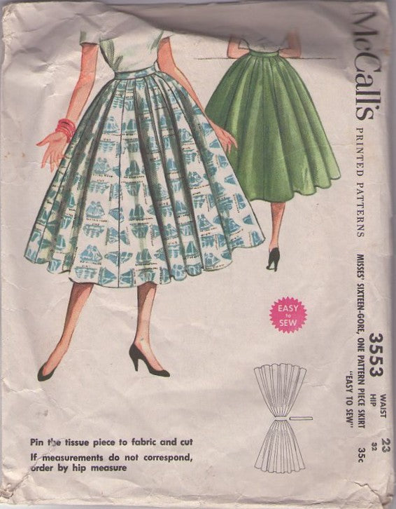 McCall's 3553 Vintage 50's Sewing Pattern Rockabilly Skirts, Marvelous Mrs. Maisel Rockabilly Flared Sixteen Gore Circular Skirt EASY Waist 28 Size L