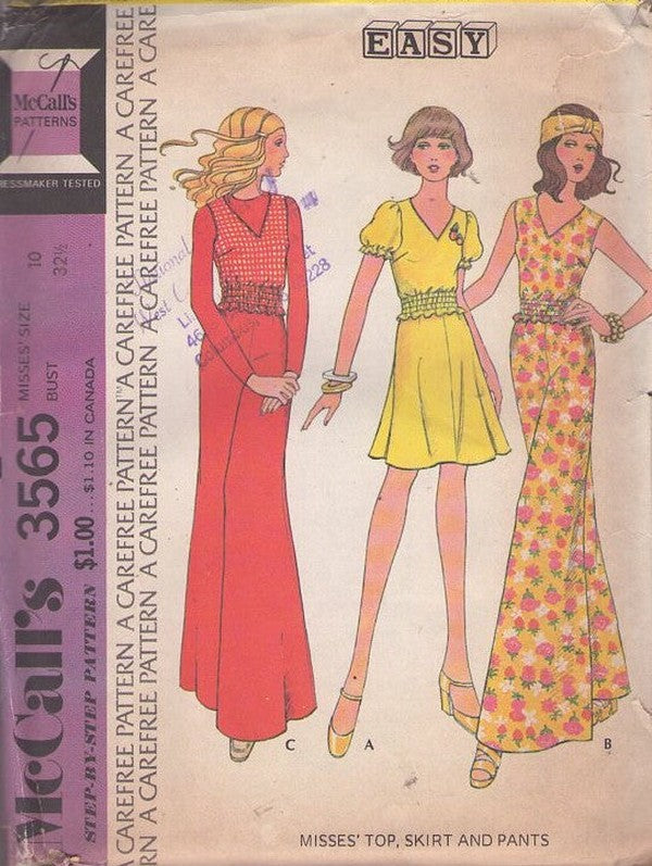 McCall's 3565 Vintage 70's Sewing Pattern Casual Separates, Easy Boho Smocked V Neck Top, Shirt Set, Flared Mini Skirt, Wide Leg Palazzo Bell Bottoms Pants Size 10
