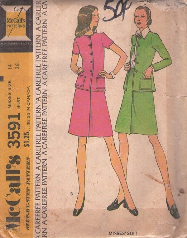 McCall's 3591 Vintage 70's Sewing Pattern Carefree Separates, Retro Office Secretary Button Up Blazer Jacket A-Line Front Wrap Around Skirt Size 14