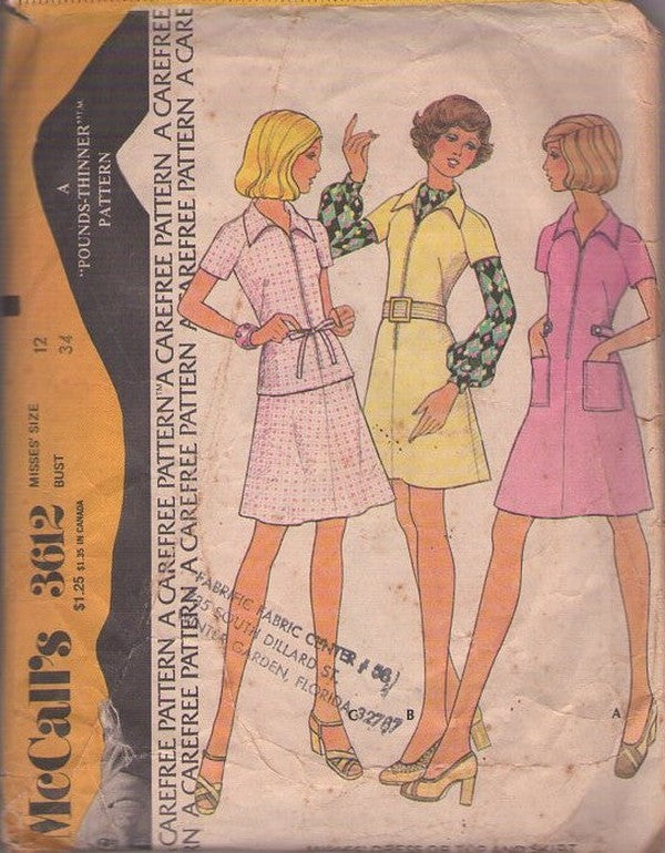 McCall's 3612 Vintage 70's Sewing Pattern Mod Separates, Secretary Front Zippered Blouse, Top, Mini Flared Skirt and Dress with Pockets Size 12