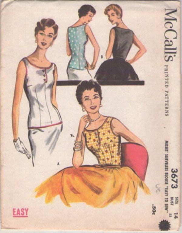 McCall's 3673 Vintage 50's Sewing Pattern Rockabilly Tops, Easy to Sew Rockabilly Pin Up Over the Hips Summer Blouse, Top Size 14