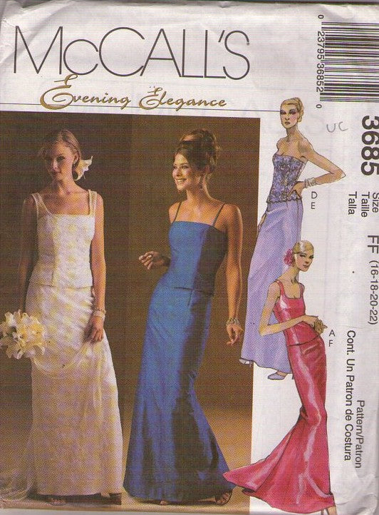 McCall's 3685 Retro 2002 Sewing Pattern Evening Elegance Gown, 2Pc Bustier Top, Mermaid Train Skirt Size 16-22
