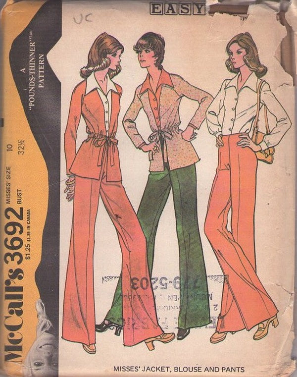 McCall's 3692 Vintage 70's Sewing Pattern Easy Separates, Secretary Wing Pointed Collar Blouse, Flared Leg Pants, Drawstring Waist Jacket Top Size 10