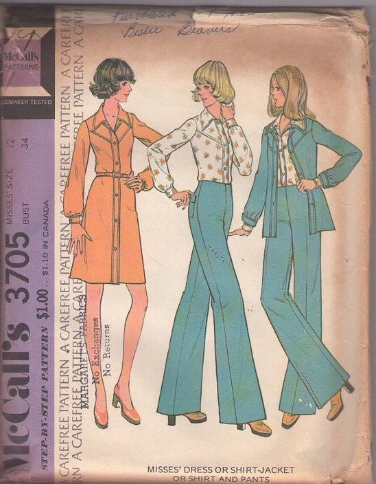 McCall's 3705 Vintage 70's Sewing Pattern Western Separates, Secretary Button Up Blouse, Shirt Dress, Shirt Jacket, High Waist Flared Pants Size 12