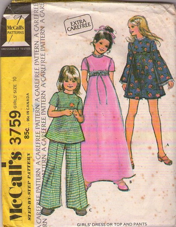 McCall's 3759 Vintage 70's Sewing Pattern Girls' Dress, Mod Lantern Bell Sleeve Mini, Tunic Top, Pants, Maxi Party Gown Size 10