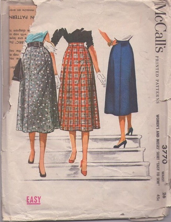 McCall's 3770 Vintage 50's Sewing Pattern Secretary Skirts, Flared Skirt Set, Panel Front & Back Waist 26 Size M
