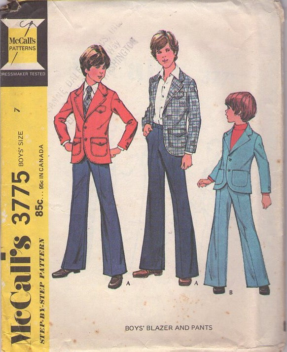 McCall's 3775 Vintage 70's Sewing Pattern Boys' Suit, Brady Bunch Napoleon Dynamite Costume Fitted Suit Blazer Jacket, Bell Bottoms Pants Size 7