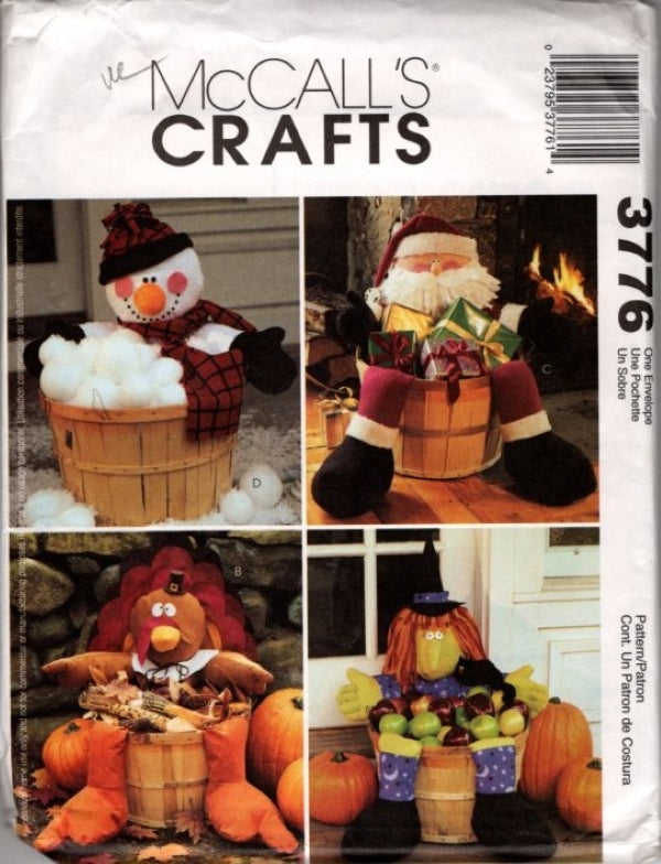McCall's 3776 Retro 2002 Sewing Pattern Whimsical Holiday Basket Dolls, Christmas Santa Claus, Snowman, Thanksgiving Turkey, Halloween Witch