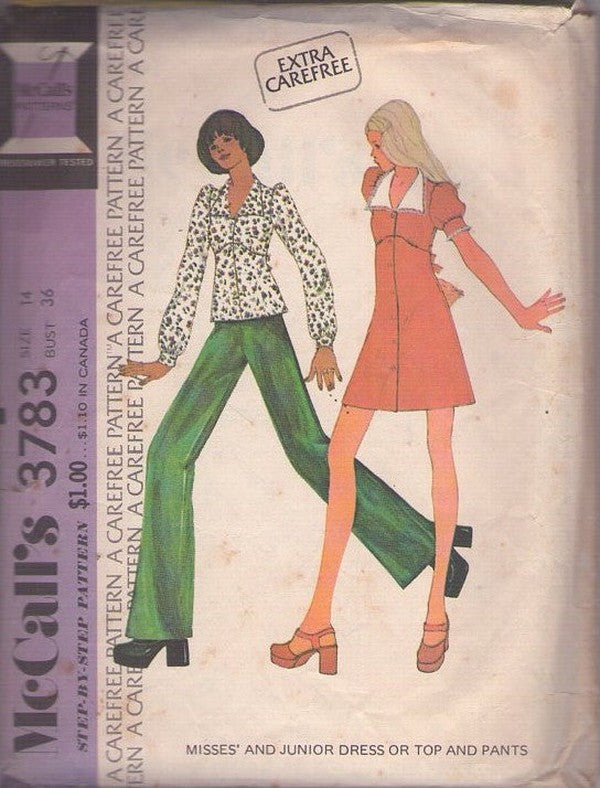 McCall's 3783 Vintage 70's Sewing Pattern Dress, Top, Pants, Disco Separates, Shaped High Waist Blouse, Mini Dress, Wide Leg Pants, Extra Carefree Size 14