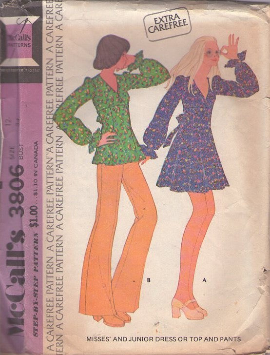 McCall's 3806 Vintage 70's Sewing Pattern Boho Top, Mini Dress, Pants Set, Extra Carefree High Waist, Tie Back Size 12