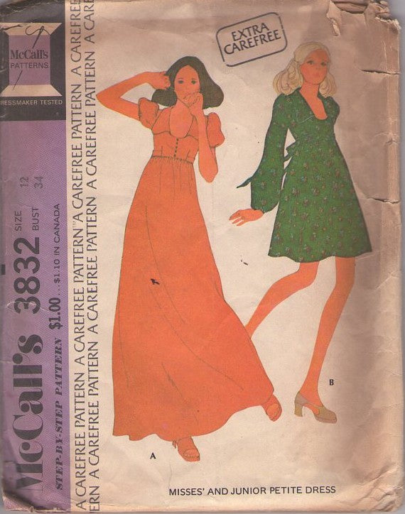 McCall's 3832 Vintage 70's Sewing Pattern Dress Set, Extra Carefree Collared Scoop Neck Tie Back Party Dress, Long Flowing Maxi Gown Size 12