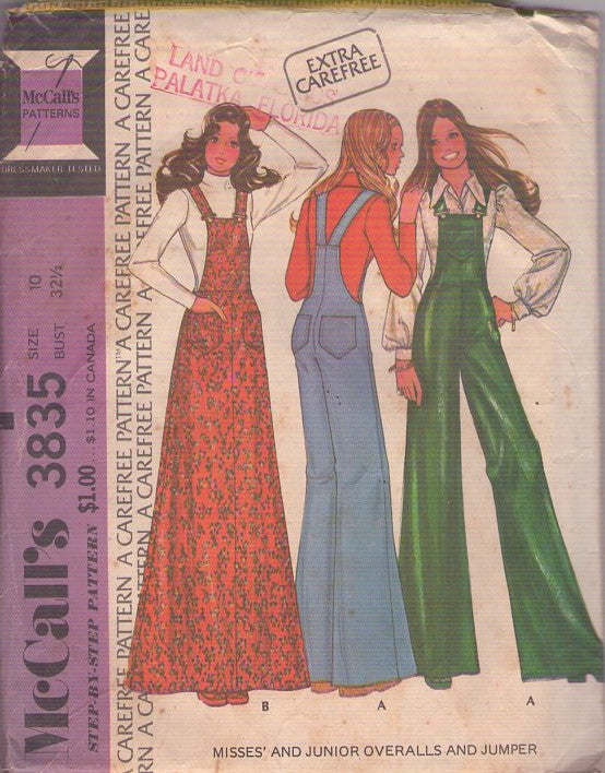 McCall's 3835 Vintage 70's Sewing Pattern Disco Overalls, Wide Bell Bottom Pants, Denim Bib Jumpsuit, Maxi Jumper, Dress Size 10