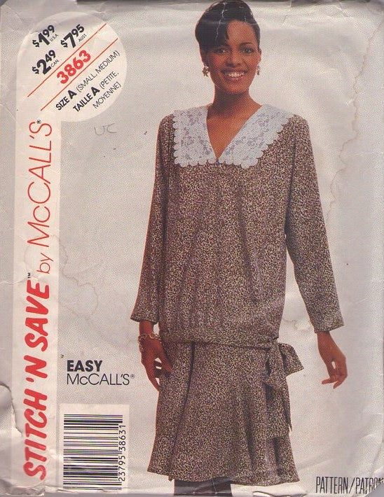 McCall's 3863 Vintage 80's Sewing Pattern 2 Piece Dress, Great Gatsby Look, Easy Office Secretary Oversized Drop Waist Tied Hip Blouse, Flared Skirt 2 Piece 20s Look Dress Size S-M