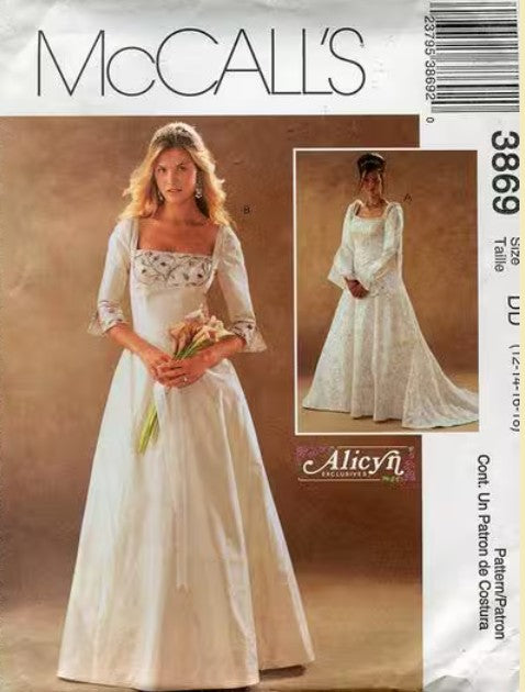 McCall's 3869 Retro 2002 Sewing Pattern Bridal Gown Set, Medieval Wedding Dress, Shelf Bust, Princess Seams Size 12-18
