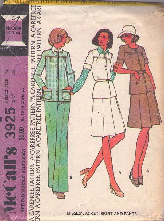 McCall's 3925 Vintage 70's Sewing Pattern Secretary Suit Set, Pleated Flared Skirt, Shirt Jacket Blouse with Double Button Sets, Slacks Size 14