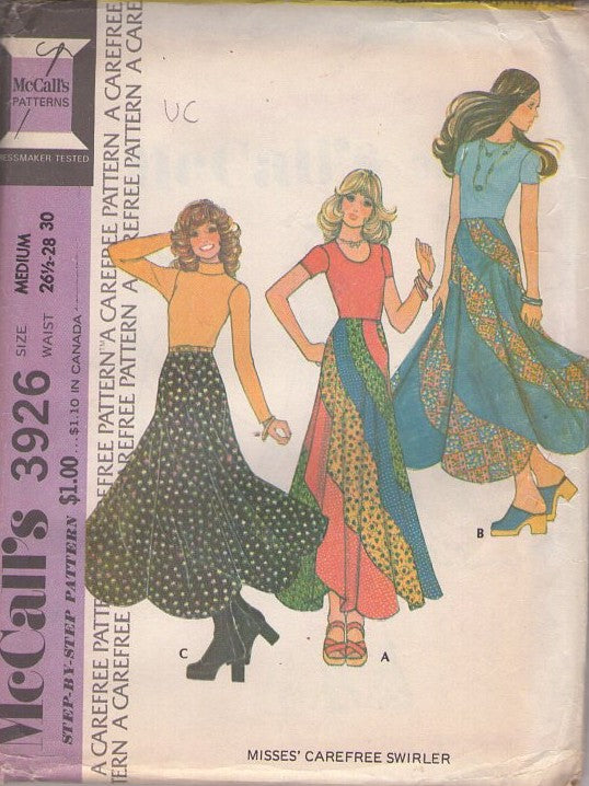 McCall's 3926 Vintage 70's Sewing Pattern Swirl Skirt, Ultimate Hippie Maxi Skirts, Contrast, Scallop Hem, 3 Styles Size M