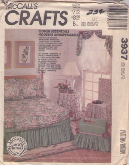 McCall's 3937 Vintage 90's Sewing Pattern Home Crafts, Laura Ashley Style Cover Essentials, Tablecloth, Pillow Sham, Chair & Couch Covers, Ottoman Cover, Bed Spreads, Dust Ruffles