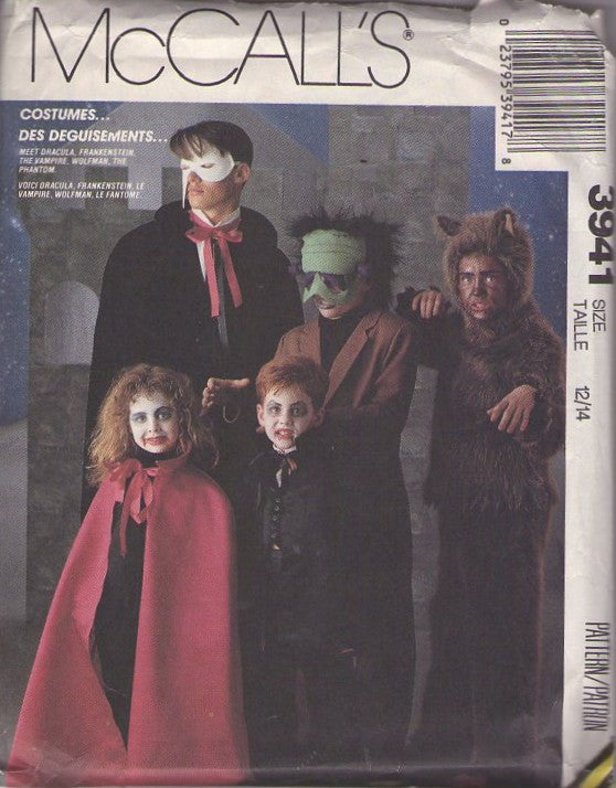McCall's 3941 Vintage 80's Sewing Pattern Monster Costumes, Classic Movie Monsters Halloween Costumes, Phantom, Frankenstein, Dracula, Werewolf Masks, Capes Teen 12-14