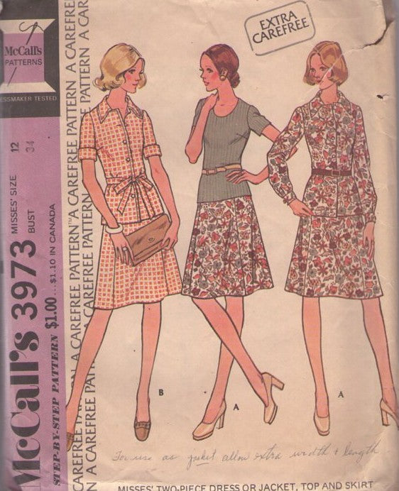 McCall's 3973 Vintage 70's Sewing Pattern Secretary Separates, Extra Carefree Casual Collared Shirt Jacket Blouse, Scoop Neck Tshirt Top & Flared A-Line Skirt Size 12