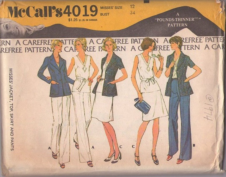 McCall's 4019 Vintage 70's Sewing Pattern Career Separates, Extra Carefree Easy to Make Secretary V Neck Top, A-Line Skirt, Shirt Jacket, Blazer Size 12
