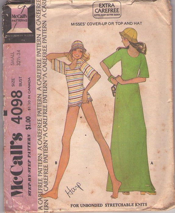 McCall's 4098 Vintage 70's Sewing Pattern Summer Separates, Extra Carefree, Stretch Knits Scoop Neck Cover Up Top, Tshirt & Maxi Dress, Gilligan Sun Hat Size S