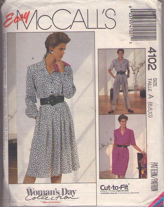 McCall's 4102 Vintage 80's Sewing Pattern Secretary Dress, Jumpsuit, Shirtwaister, 2 Styles & Jumpsuit Size 6-8