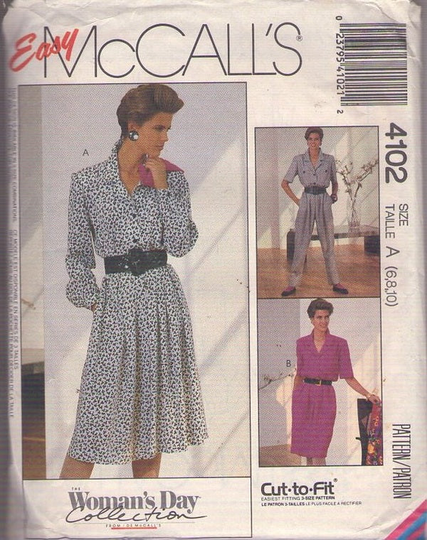 McCall's 4102 Vintage 80's Sewing Pattern Secretary Dress, Jumpsuit, Shirtwaister, 2 Styles & Jumpsuit Size 6-8
