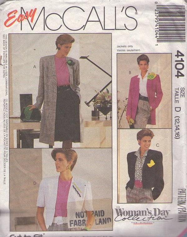 McCall's 4104 Vintage 80's Sewing Pattern Easy Coat and Jacket Set, Woman's Day Collection, 4 Styles Size 6-10