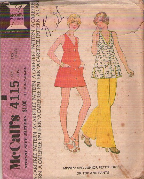 McCall's 4115 Vintage 70's Sewing Pattern Micro Mini Dress, Button Up Tunic Top Blouse, Pants Size 10