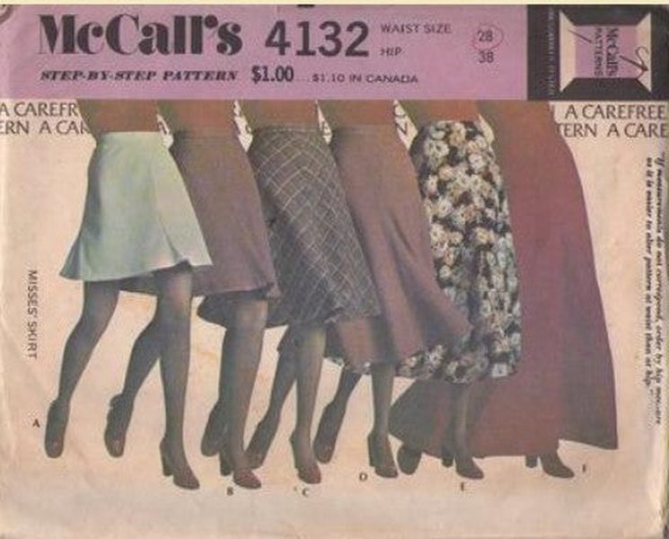 McCall's 4132 Vintage 70's Sewing Pattern Bias Skirts, Extra Carefree Easy to Sew Flared Mini, Midi, Maxi Skirt Set, Bias Cut Waist 28