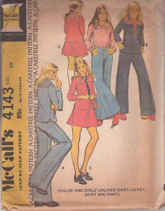 McCall's 4143 Vintage 70's Sewing Pattern Girls' Separates, Super Fly Shirt Jacket Blouse, Flared Bell Bottom Brady Bunch Pants, Flared Mini Skirt Size 12