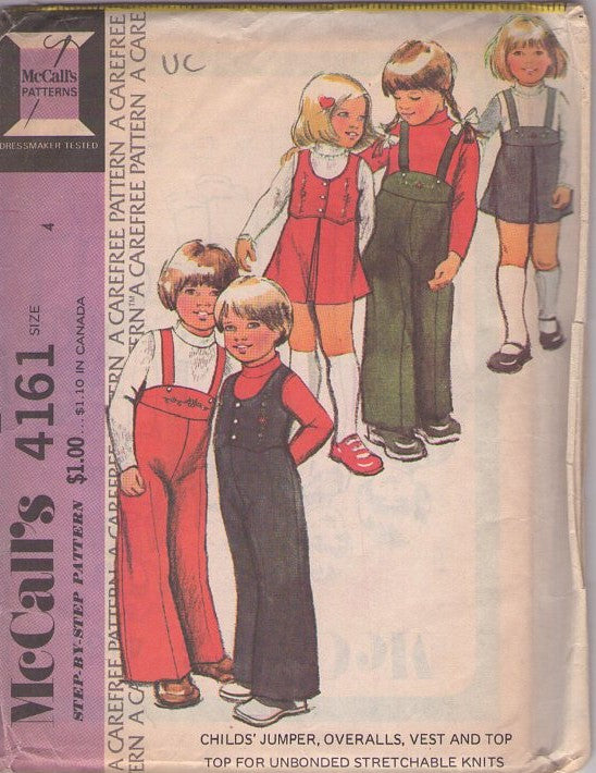 McCall's 4161 Vintage 70's Sewing Pattern Boys' & Girls' Overalls, High Rise, Built Up Waist, Suspender Pants, Vest Top, Skirt, Size 4