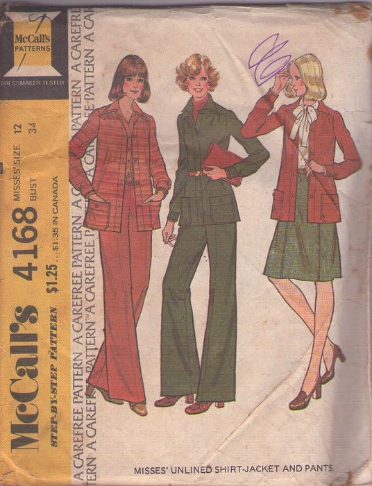 McCall's 4168 Vintage 70's Sewing Pattern Secretary Separates, Shirt Jacket, Flared Trousers Size 12