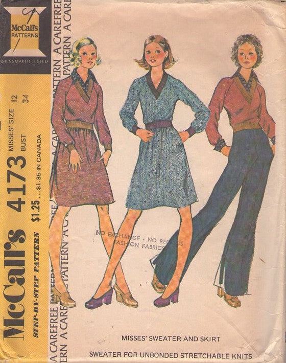 McCall's 4173 Vintage 70's Sewing Pattern Knit Separates, That 70s Show V Neck Ribbed Band Knit Sweater Top, Raglan Sleeves, Skirt Size 12