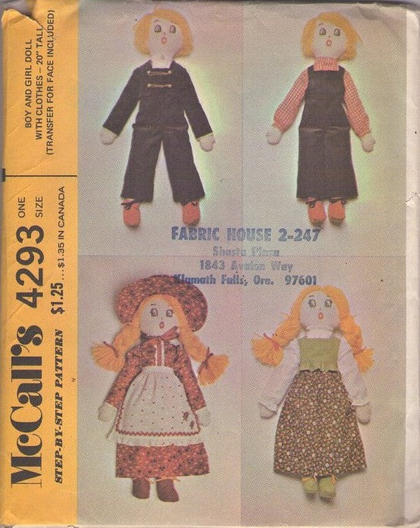 McCall's 4293 Vintage 70's Sewing Pattern Toy Rag Doll, Clothing Wardrobe, Stuffed Holly Hobbie, Dapper Dan Style Dolls, Old Fashioned Crafts 20 Tall"