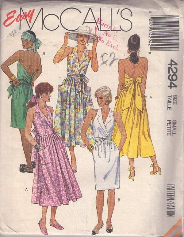 McCall's 4294 Vintage 80's Sewing Pattern Easy Bare Back Sun Dress, Cross & Tie Back, Garden Party, 2 Styles Size Small