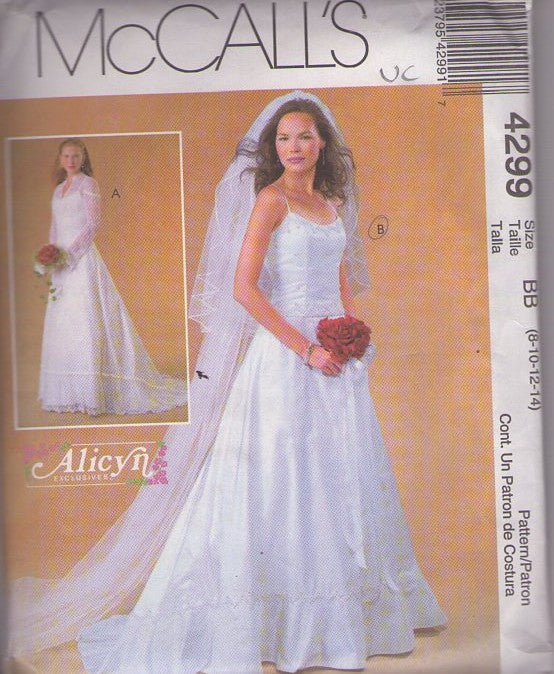 McCall's 4299 Retro 2003 Sewing Pattern Bridal Dress Set, Alicyn Exclusives, Summer Beach, Strapped Fitted Bodice, Full Ruffle Flounce Skirt with Train & Sheer Lace Cover Up Jacket Size 8-14