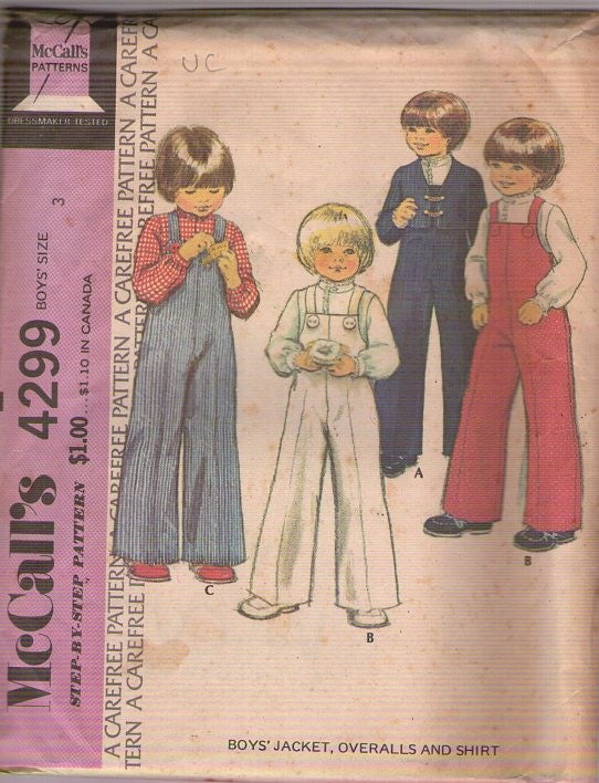 McCall's 4299 Vintage 70's Sewing Pattern Boys' Jacket, Overalls, Coveralls, Shirt, Toddler Separates, Size 3