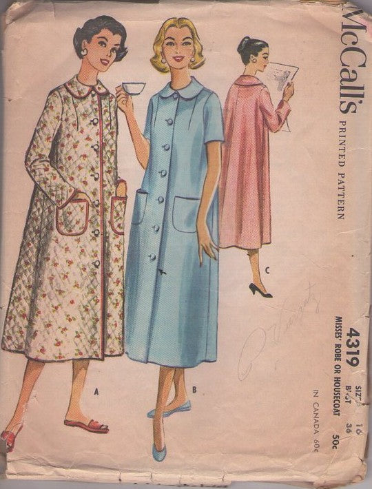 McCall's 4319 Vintage 50's Sewing Pattern House Coat, Lucy Robe, Quilted, Knee Length Housecoats Size 16