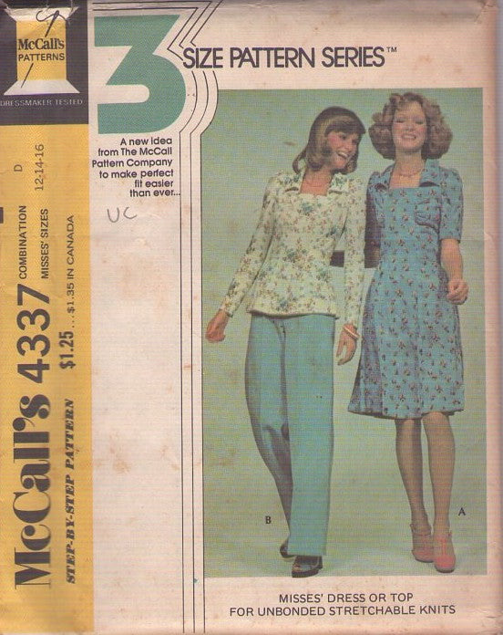 McCall's 4337 Vintage 70's Sewing Pattern Secretary Dress, Square Neck Blouse, Shirred & Ruched Bust Sides, Knits Size 12-16