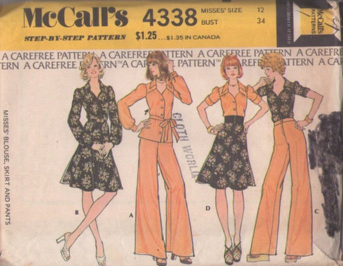 McCall's 4338 Vintage 70's Sewing Pattern Secretary Separates, Shaped Neckline Collared Puffed Cap Sleeve Blouse, Flared Bell Bottom Pants, Flirty Skirt Size 12