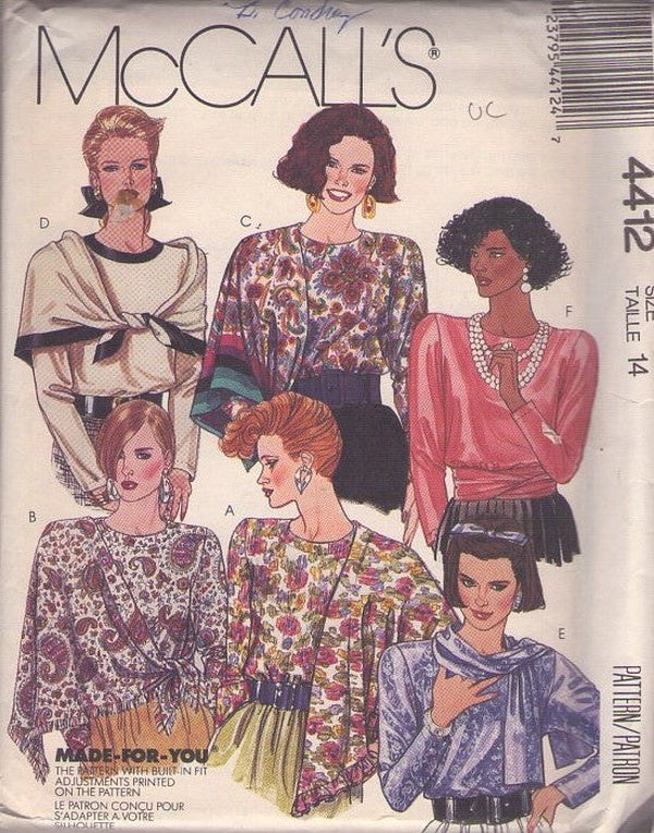 McCall's 4412 Vintage 80's Sewing Pattern Secretary Blouses, Scarf Set, Pullover Loose Fit Blouse & Wrap Scarf Set Size 14