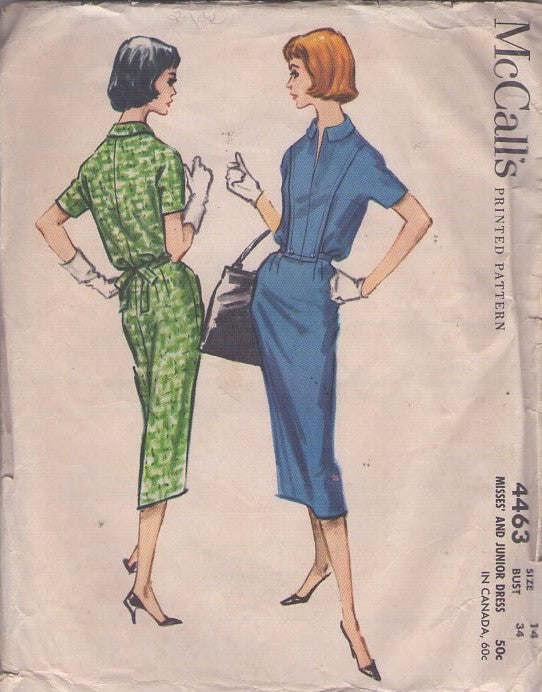 McCall's 4463 Vintage 50's Sewing Pattern Secretary Day Dress, Collared Sheath, Tie Back Size 14