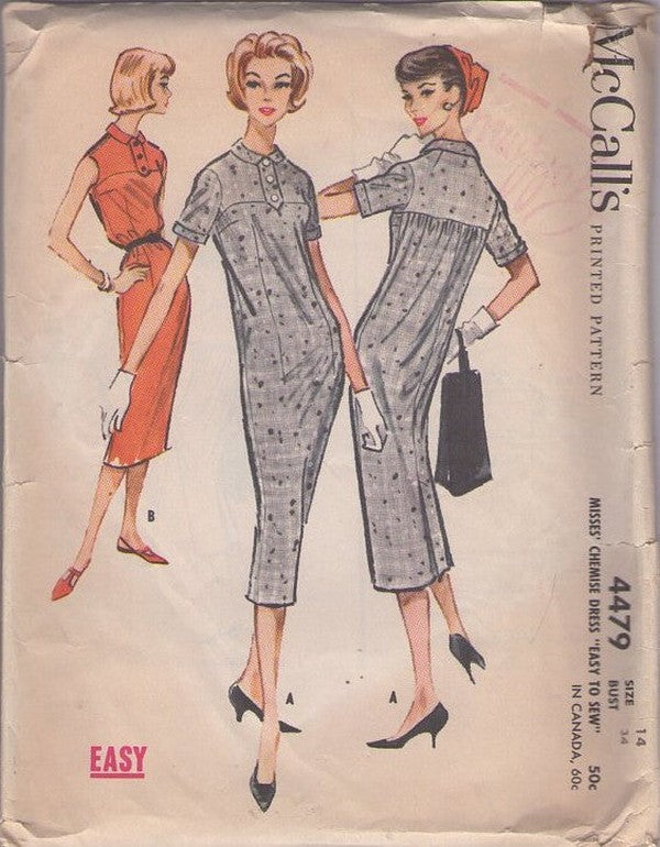 McCall's 4479 Vintage 50's Sewing Pattern Chemise Dress Set, Rockabilly Mad Men Chemise Sheath Dress SIZZLING! Size 14