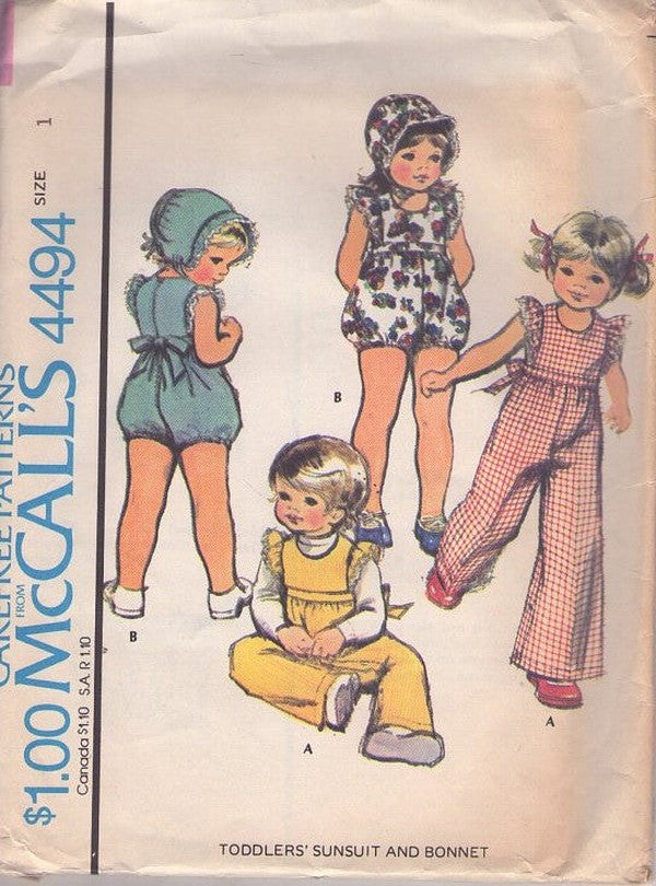 McCall's 4494 Vintage 70's Sewing Pattern Child's Playsuits, Bubble Leg Lace Flutter Sleeve Sunsuit, Romper, Onesie, Jumpsuit Coveralls & Sun Bonnet Hats Size 1