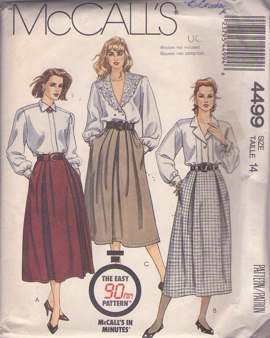 McCall's 4499 Vintage 80's Sewing Pattern Easy Skirts, 90 Minute Office Secretary Below Knee Length Pleated Skirts, Pockets 3 Styles Size 14