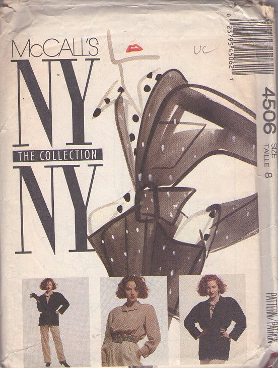 McCall's 4506 Vintage 80's Sewing Pattern Career Separates, NY The Collection, Shawl Collar Jacket, Blouse, Pants Size 8