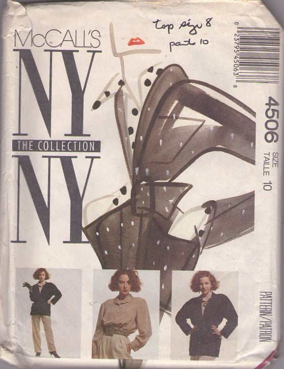 McCall's 4506 Vintage 80's Sewing Pattern Career Separates, NY The Collection, Shawl Collar Jacket, Blouse, Pants Size 10